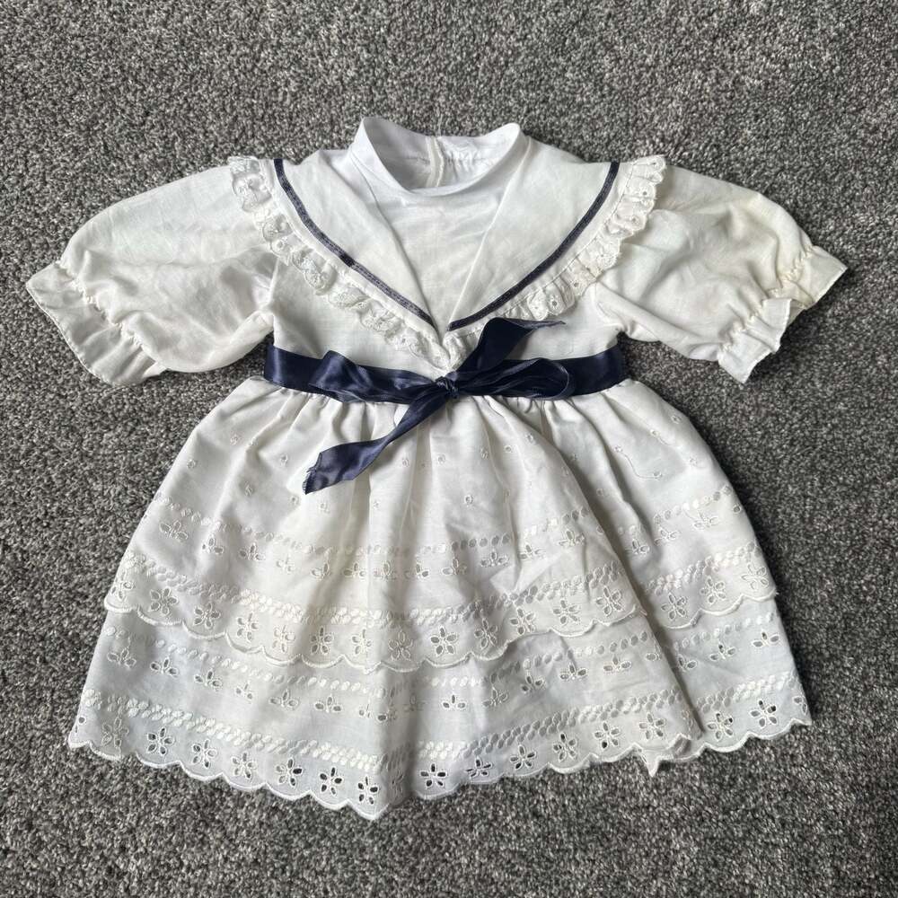 Vintage White Eyelet Lace Party Dress Navy Ribbon Baby Girls 6-9M